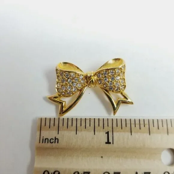Vintage Rhinestone Encrusted Bow Shape Brooch Gold Tone Lapel Pin, Festive - Picture 4 of 6